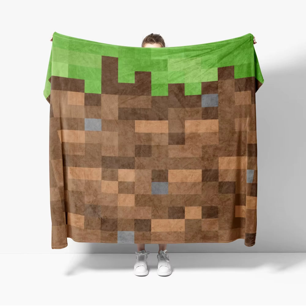 Grass Block Flannel Throw Blanket Diamond Game Decor Pixel Block Creative Blankets Cozy Soft Lightweight for Couch Sofa